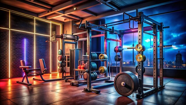 Night Photography Gym Fitness Rack Card Design Template Featuring Weights and Equipment for Promoting Health and Wellness with Vibrant Colors and Dynamic Lighting Effects