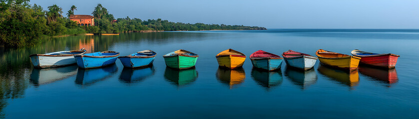 Obraz premium Vibrant Rowboats Docked on Calm Waters by Lush Greenery