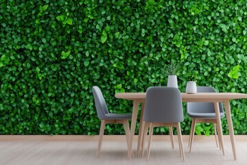Obraz premium Bright and airy dining room adorned with lush greenery for a fresh and inviting atmosphere.