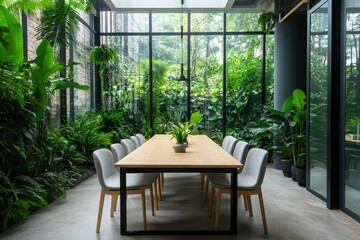 Fototapeta premium Stylish dining room featuring lush indoor greenery and a vibrant garden atmosphere for a refreshing dining experience.