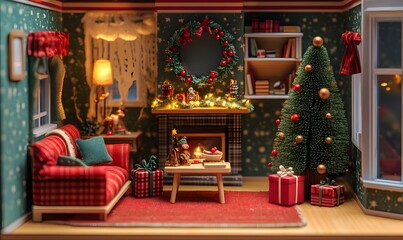 Fototapeta premium Christmas concept doll room interior simple neat,generation AI