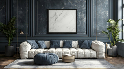 Elegant Living Room Interior Design, Modern Sofa with Marble Accent Wall & Plush Pillows