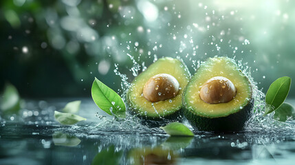 Refreshing Avocado Halves in Water Splash, Green Leaves, Nature Background