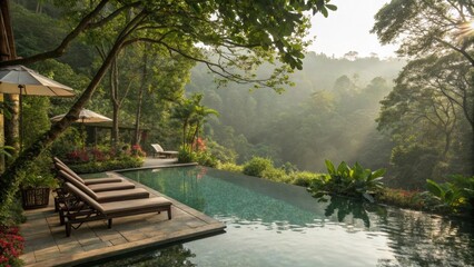 A tranquil pool surrounded by lush greenery promoting relaxation and rejuvenation.