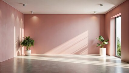 Fototapeta premium Sunlit Empty Room with Blush Pink Walls and Potted Plants