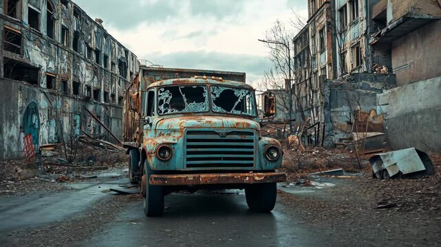 An eerie abandoned city is highlighted by a ruined truck prominently positioned on deteriorating streets