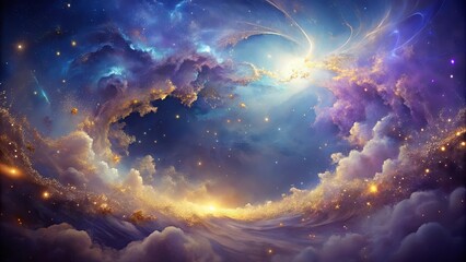 Celestial Dreamscape A Golden Sunset on a Cloud Ocean in a Starry Galaxy