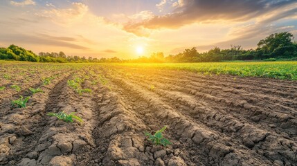 Cracked, dry earth in a once-thriving agricultural field under a sun-scorched sky, AI Generative