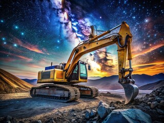 Night Photography of a Powerful Excavator at Work in a Construction Site, Illuminated by Bright Lights Amidst a Starry Sky, Showcasing Heavy Machinery in Action