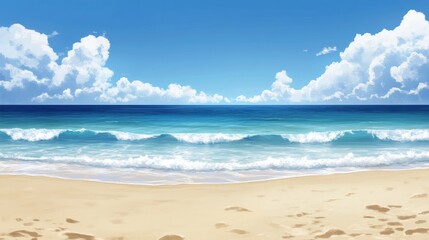Fototapeta premium A serene beach scene with gentle waves, clear skies, and soft sand, evoking relaxation and tranquility.