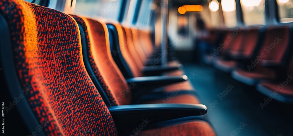Poster a row of empty public transport seats with warm lighting.