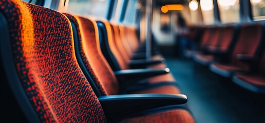 A row of empty public transport seats with warm lighting.