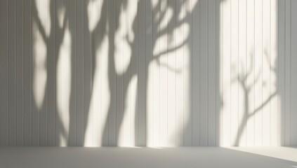 Obraz premium Minimalist Tree Shadows on White Paneled Wall production presentations in a serene environment.