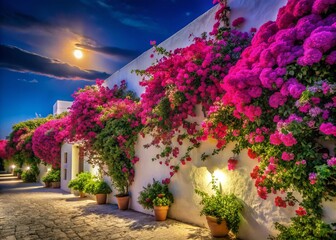 Night Photography of a Vibrant Bougainvillea Wall Cascading Over a White Stucco Wall, Illuminated by Soft Moonlight and Highlighting the Rich Colors and Textures of the Flowers