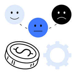 Emoticons progressing from happy to neutral to sad, with coin and gear representing financial status and productivity. Ideal for emotional states, financial planning, work efficiency, user feedback