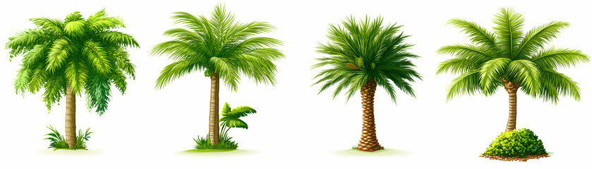 Naklejka premium Tropical Palm Trees, A Collection of Detailed Illustrations, showcasing vibrant green foliage and realistic textures against a white background.