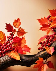 A beautifully styled autumn-themed product display featuring vibrant leaves and berries perfect for seasonal decoration.