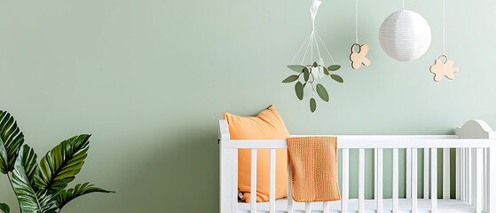 Newborn baby room decor with toys modern nursery peaceful environment soft lighting comfort concept