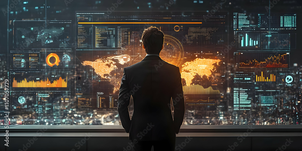 Leinwandbilder A businessman observes a high-tech data display featuring global analytics and statistics.