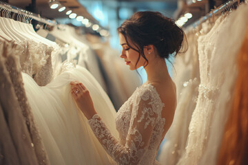 brunette woman choosing wedding dress in wedding store