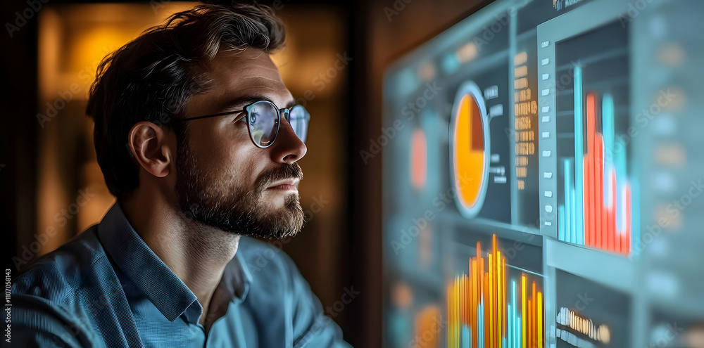 Poster A man analyzing data on a large screen with various graphs and charts.