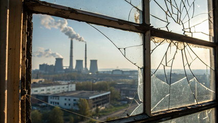 Obraz premium Broken window view of industrial pollution with smokestacks emitting smoke, showcasing environmental impact and urban decay