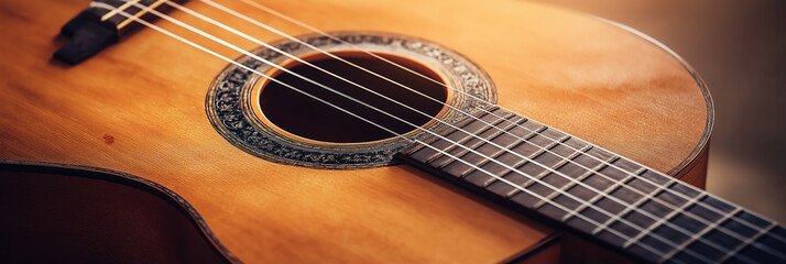 Close up of a classical acoustic guitar with intricate detailing