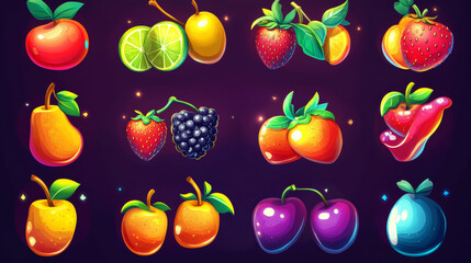 Fruits cartoon vector set for mobile game ui or casino slot design. gambling machine symbols or bonus gift elements of pear and strawberry, lime slice and cherry, blackberry with glow effect.