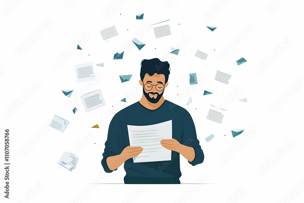 Aufkleber A man reading a document surrounded by floating papers, symbolizing information overload.