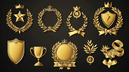 Gold award trophy emblem with laurel wreath. Realistic 3d vector illustration set of golden winner medal and prize frame with plant leaves on branch, star and crown, shield on podium and ribbon.