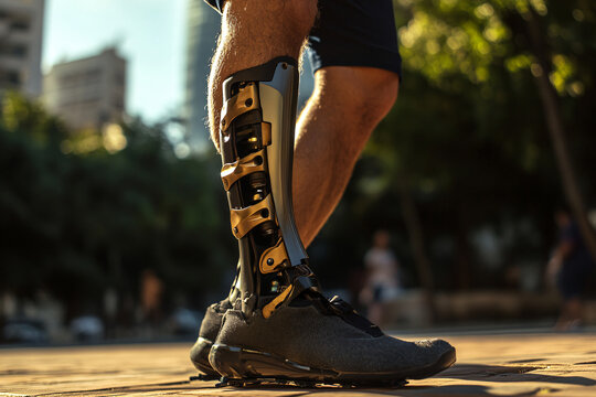 prosthetic leg of young man walking on the street