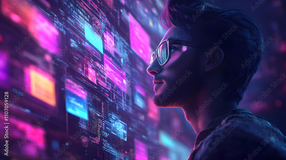 Poster A young man gazes at a vibrant digital interface filled with colorful data and graphics.