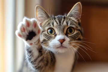 Naklejka premium cute cat showing hello sign with his paw at home