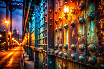 Night Photography of Industrial Grunge with Rusted Metal Texture Featuring Rivets for Seamless Background Use in Design Projects and Creative Applications