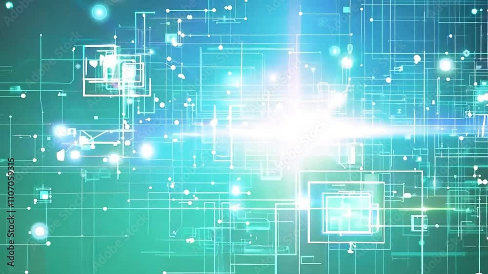 Wall mural abstract digital network with glowing lines and squares on a green background
