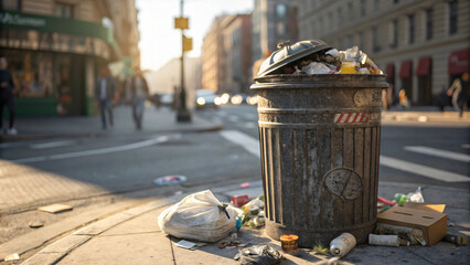 overflowing trash can on city street, surrounded by litter and debris, highlighting urban pollution and waste management issues. scene evokes sense of neglect and environmental concern