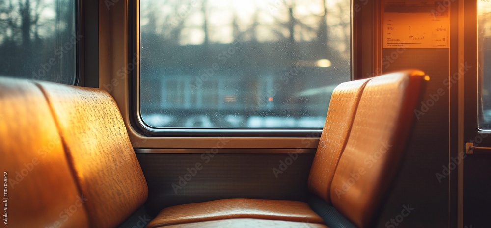 Aufkleber A serene view from a train window with empty orange seats.