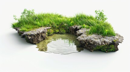 Tranquil Miniature Landscape: Grassy Island with a Reflective Pool on White Background