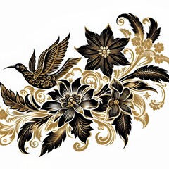 Black and gold vector bird batik isolated on white background