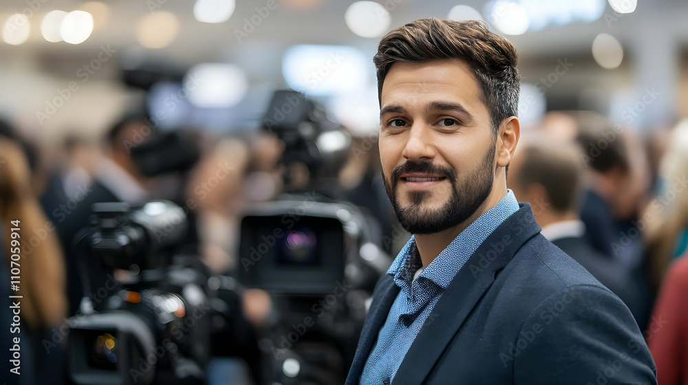 Poster A man in a suit smiles, surrounded by cameras and a busy event backdrop.