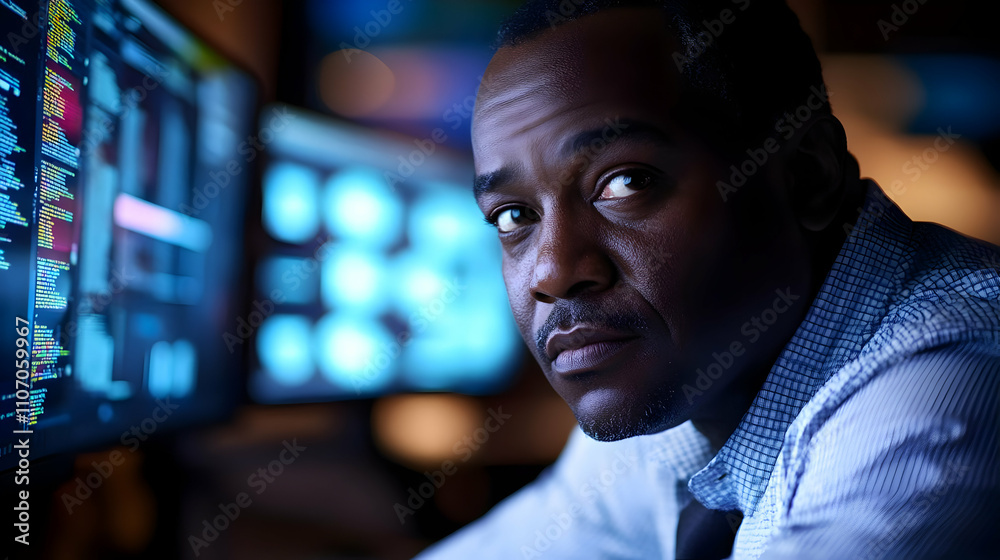 Poster A focused individual analyzing data on multiple screens in a dimly lit environment.