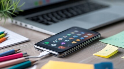 A smartphone charging on a desk with stationery and a laptop nearby.