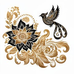 Black and gold vector bird batik isolated on white background