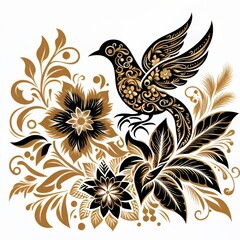 Black and gold vector bird batik isolated on white background