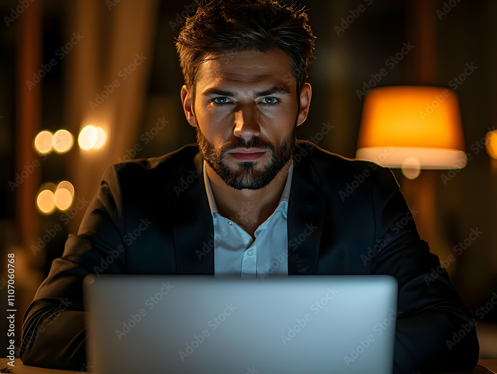 Poster a man in a suit working late at a laptop, illuminated by warm light.