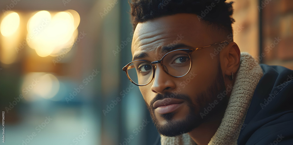 Aufkleber a close-up portrait of a man with glasses, showcasing thoughtful expression in an urban setting.