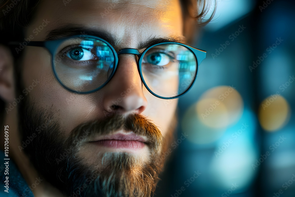 Poster A close-up portrait of a man with glasses, showcasing intense expression and soft lighting.