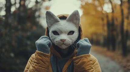 Quadrobics. A person stands in a forest wearing a striking cat mask and a yellow jacket, adjusting their gloves. Autumn leaves surround the path, creating a colorful backdrop