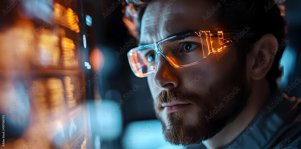 Poster A focused individual wearing smart glasses, analyzing data on a digital interface.