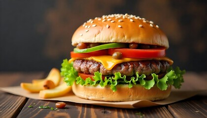 Hamburger, Juicy Cheeseburger with Fresh Ingredients and Golden Fries.